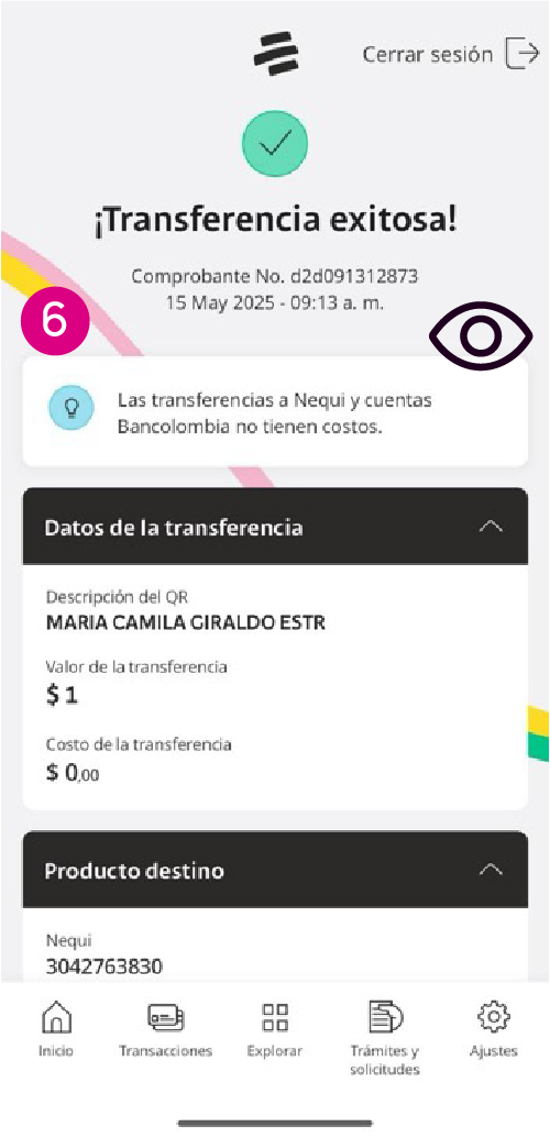 Comprobante de la app Mi Bancolombia de transferencia con código QR