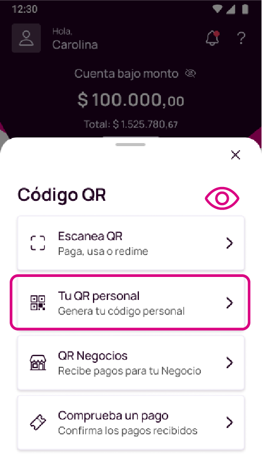 Pantalla QR personal en la app Nequi