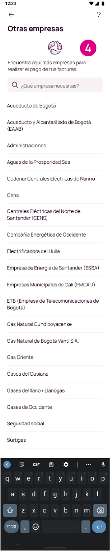 Pantalla con la opcion de otras empresas para el pago de la factura