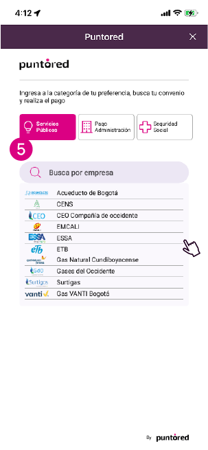 Pantalla de punto red con el listado de empresas para pagar la factura