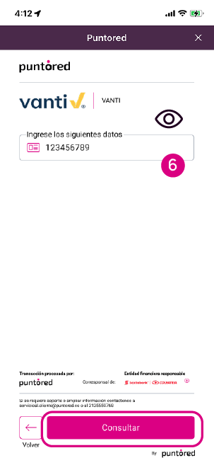 Pantalla de punto red para ingresar el número de referencia