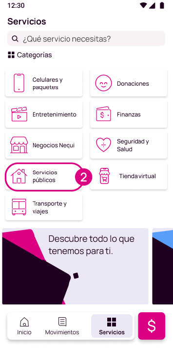 Pantalla con opción servicios públicos