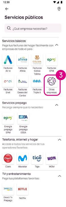 Pantalla de servicios públicos con opción de otras empresas