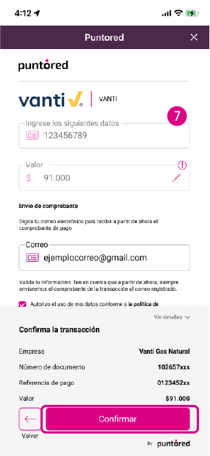 Pantalla de verificación de datos y finalización del proceso
