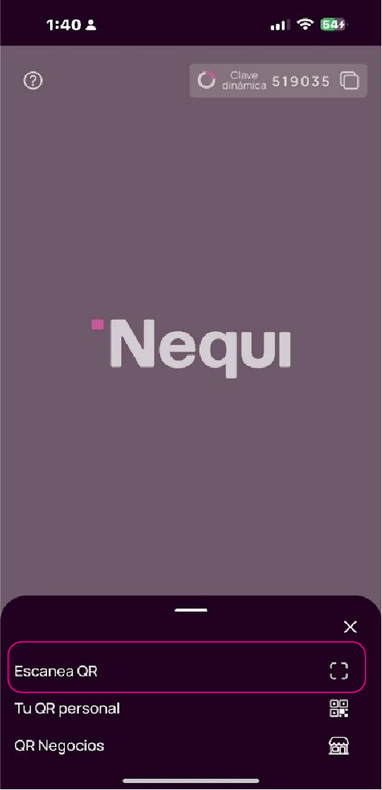 Pantalla con opción Escanea Qr en la app Nequi