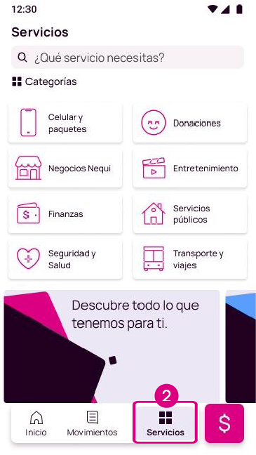 Pantalla opción servicios en la app Nequi