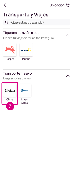 Pantalla de transportes y viajes en la app Nequi