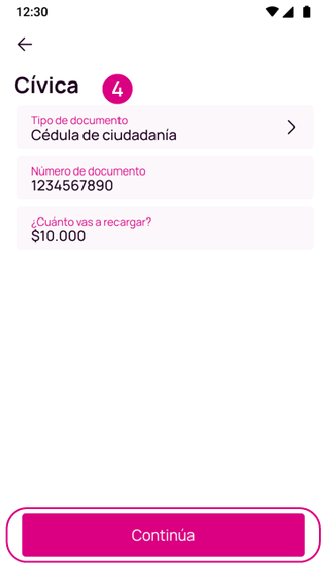 Pantalla de recarga de cívica en la app Nequi