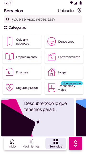 Pantalla opción Servicios en la app Nequi