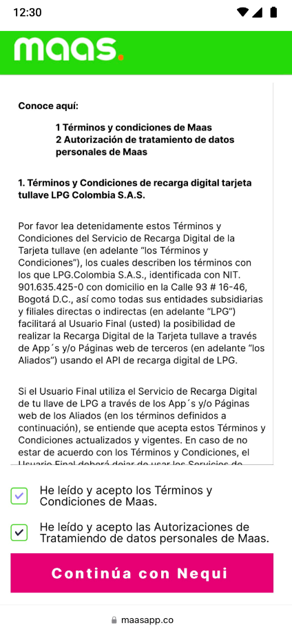 Pantalla aceptar términos y condiciones de Mass tu llave