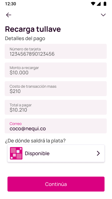 Pantalla confirmación de los datos de recarga de la tarjeta de transporte tullave en la app Nequi