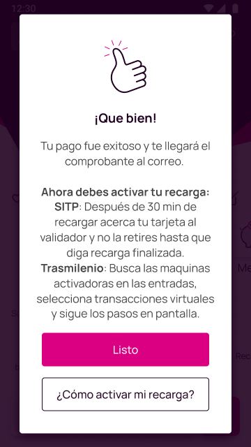 Pantalla de pago exitoso de la recarga de tullave en la app Nequi