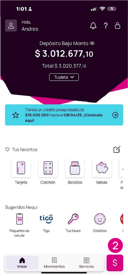 Pantalla inicial de la app Nequi con la opción pesos