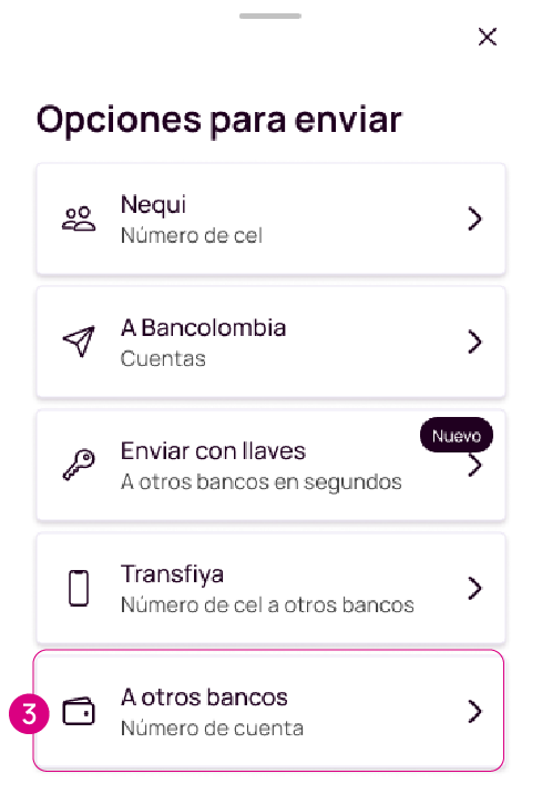 Pantalla de la app Nequi, de la opción para enviar a otros bancos