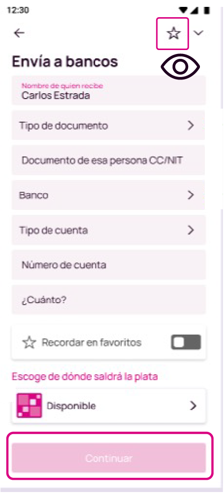 Pantalla de la app Nequi para enviar a Bancolombia