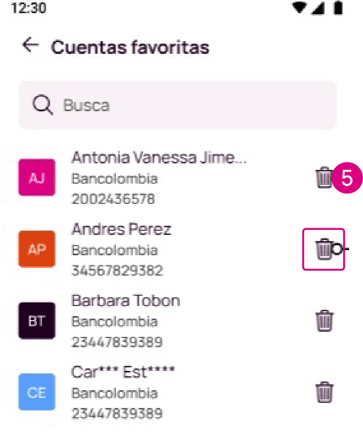 Pantalla de la app Nequi para eliminar una cuenta favorita