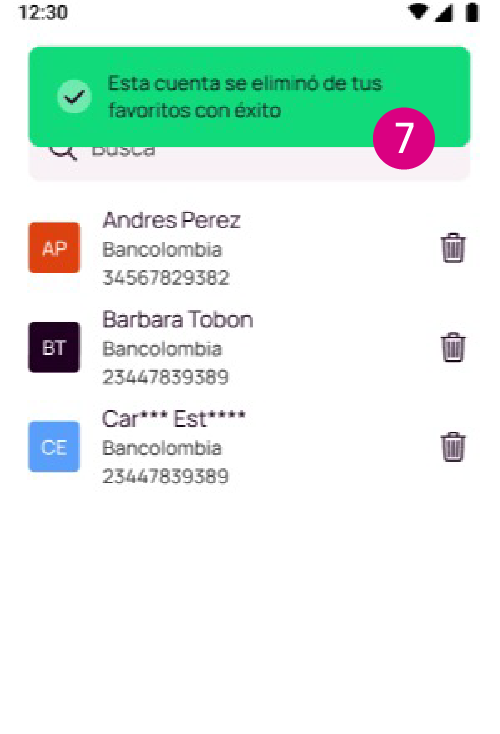 Pantalla de notificación en la app Nequi, donde se confirma la eliminación exitosa de la cuenta favorita