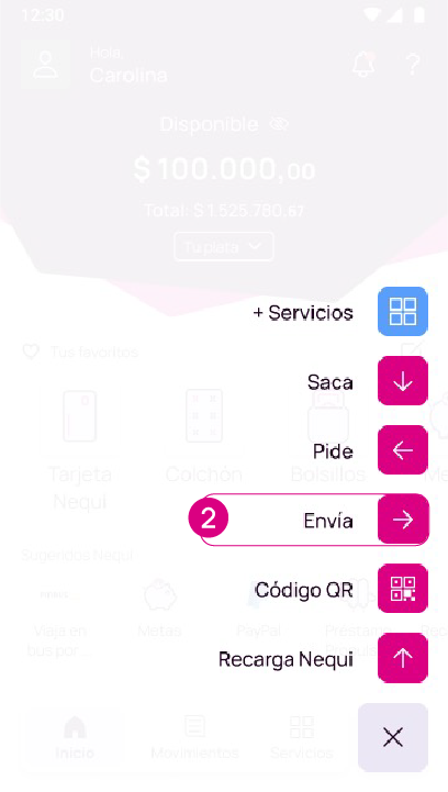 Pantalla de opción enviar en la app Nequi
