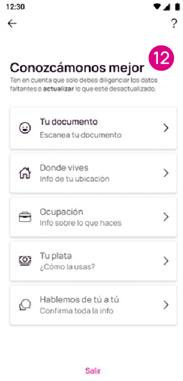 Pantalla para completar información y escanear documento en la app Nequi