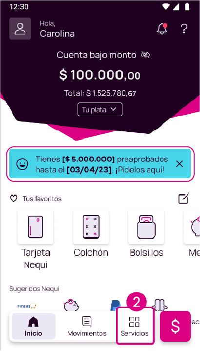 Pantalla de Servicios de la app Nequi