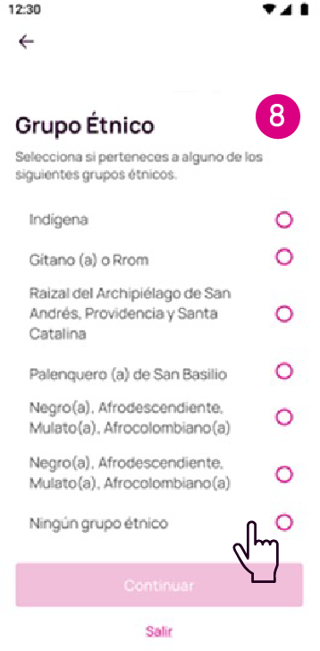 Pantalla de identificación de Grupo étnico en la App Nequi
