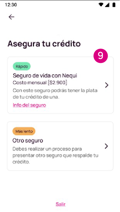 Pantalla de condiciones de crédito en Nequi