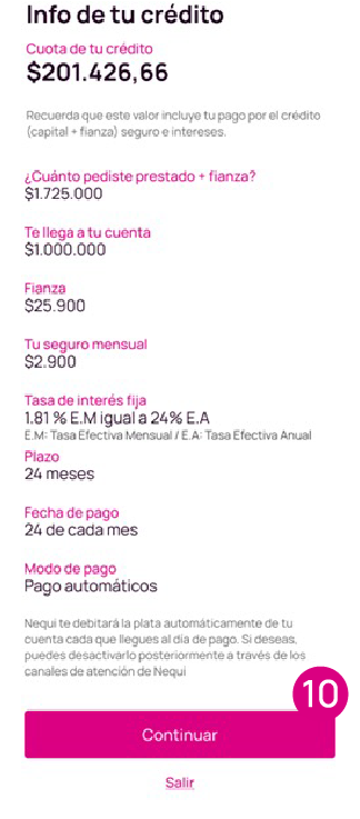 Pantalla de confirmación de crédito en Nequi