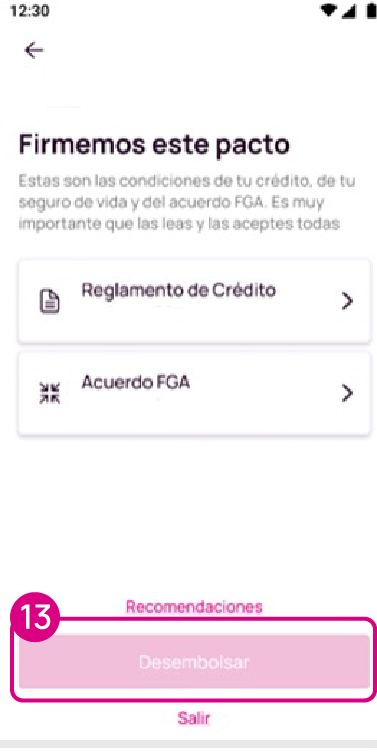 Pantalla de condiciones de crédito en la app Nequi