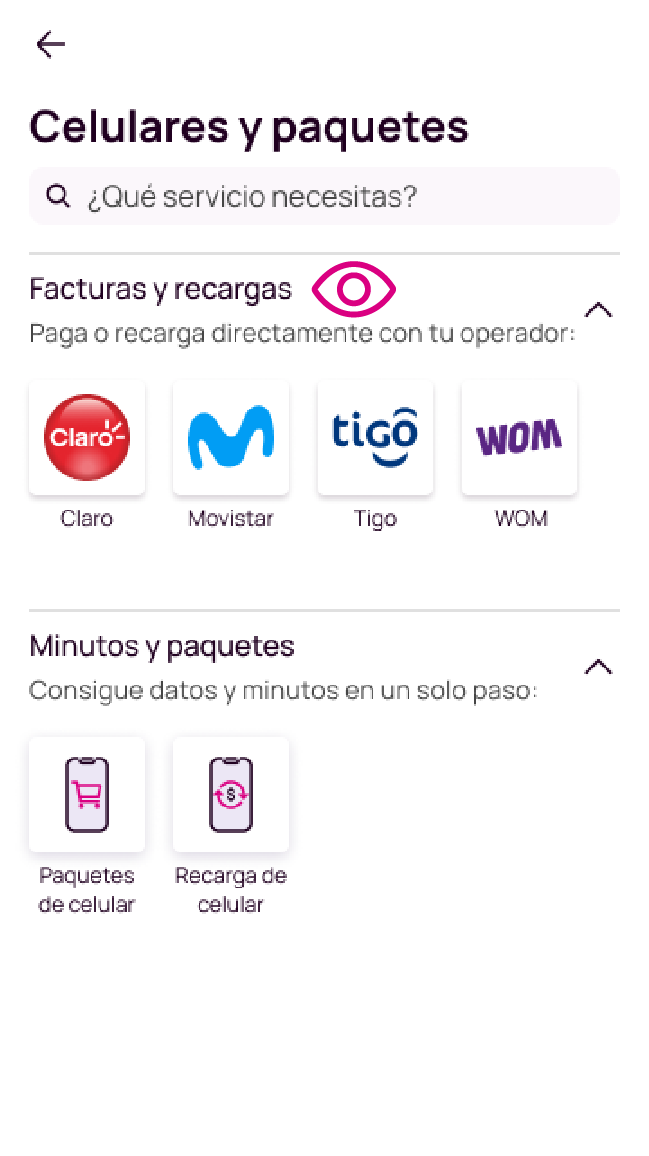 Pantalla de visualización de celulares y paquetes de la app Nequi
