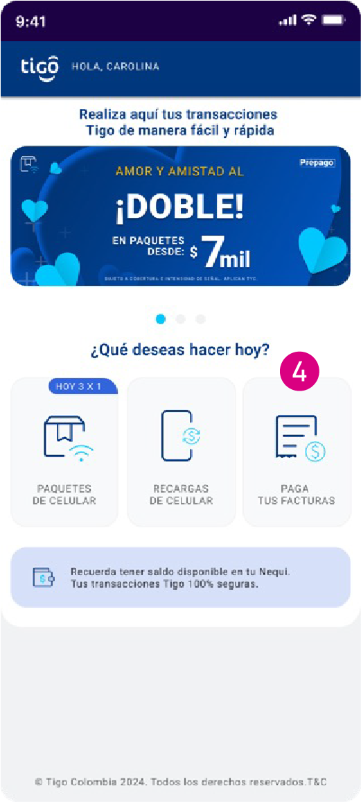 Pantalla con opción Paga tus facturas en la app Nequi