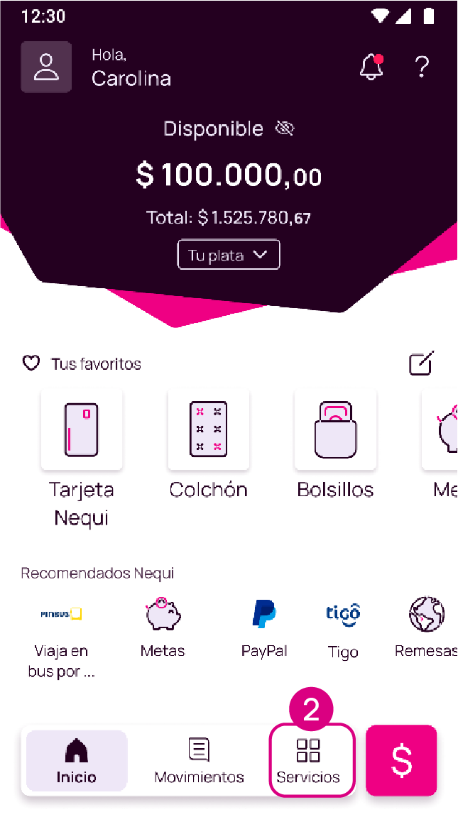 Pantalla con opción de Servicios de la app Nequi