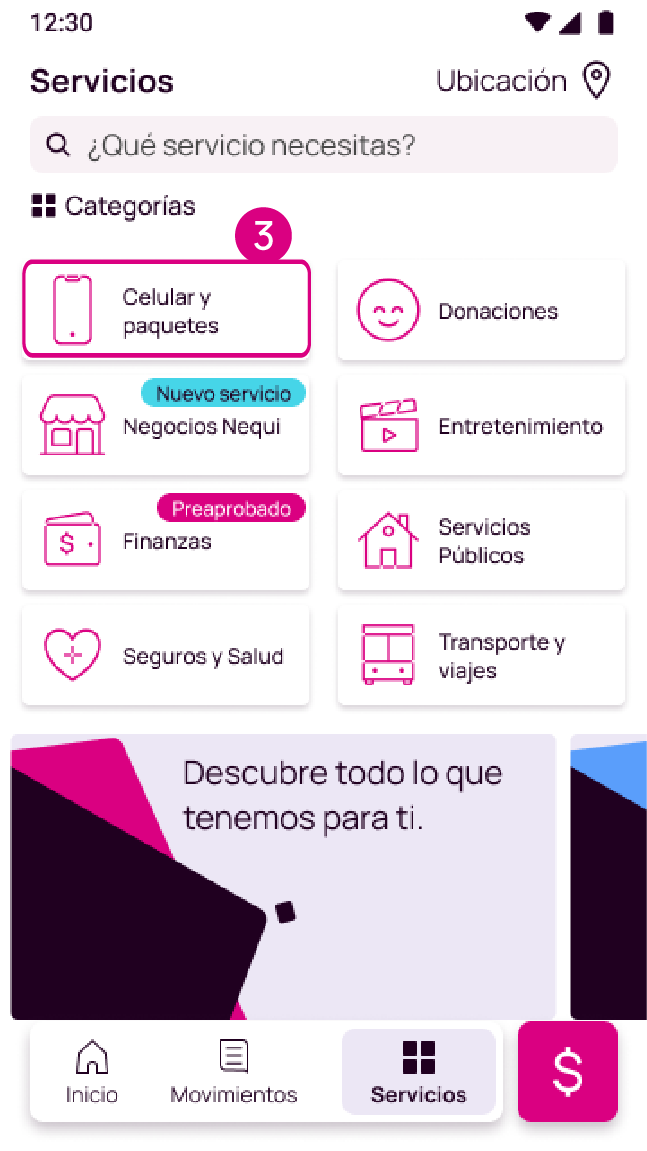 Pantalla con la opción de Celulares y Paquetes de la app Nequi