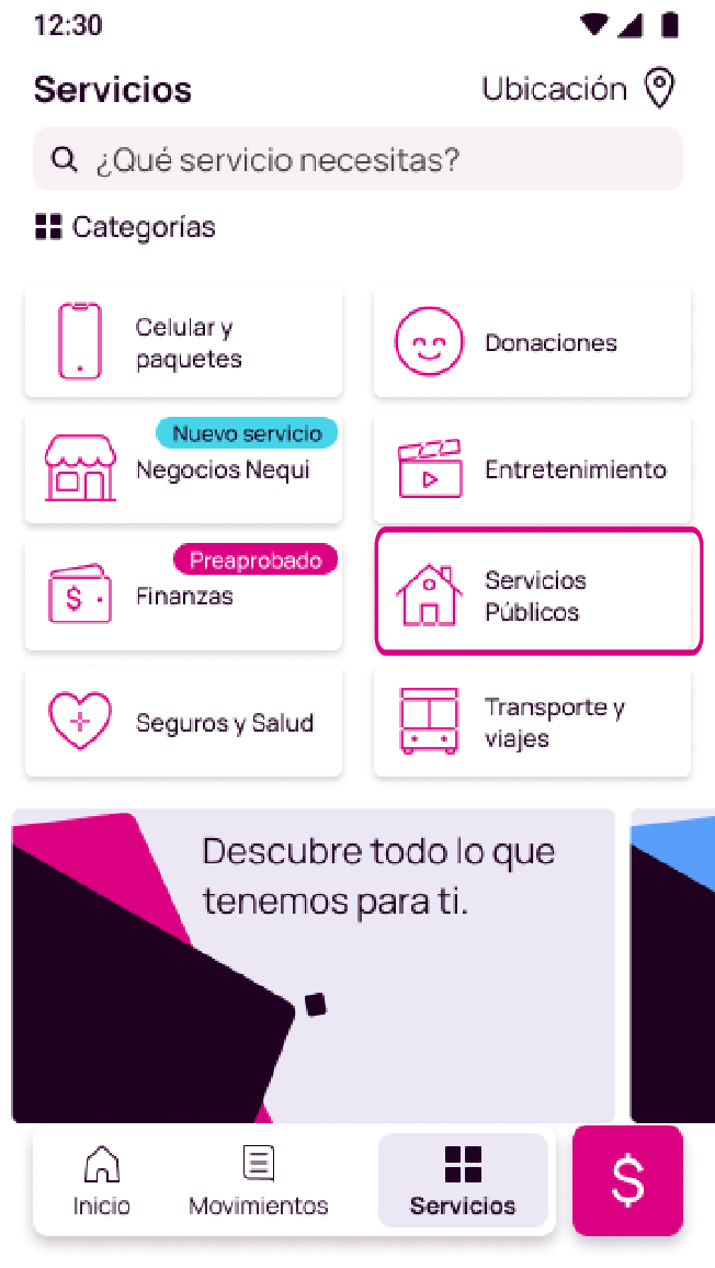 Pantalla con la opción de servicios públicos de la app Nequi