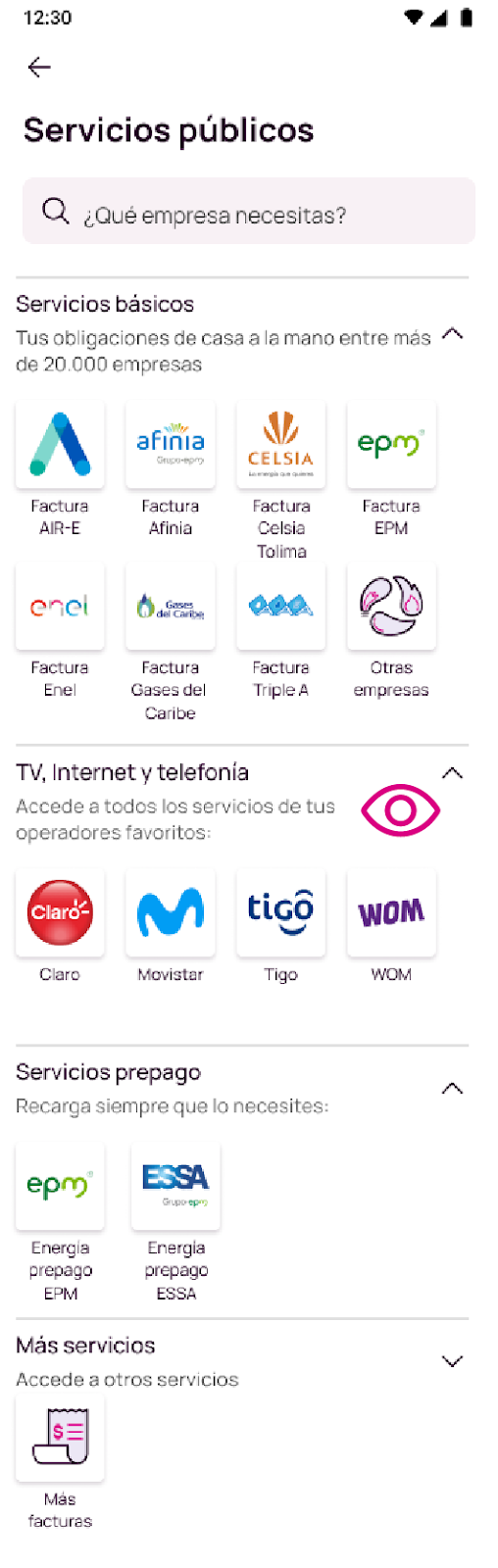 Pantalla de visualización de celulares y paquetes de la app Nequi