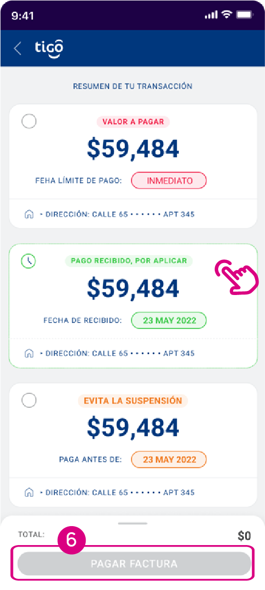 Pantalla con la opción de Pagar factura Tigo en la app Nequi