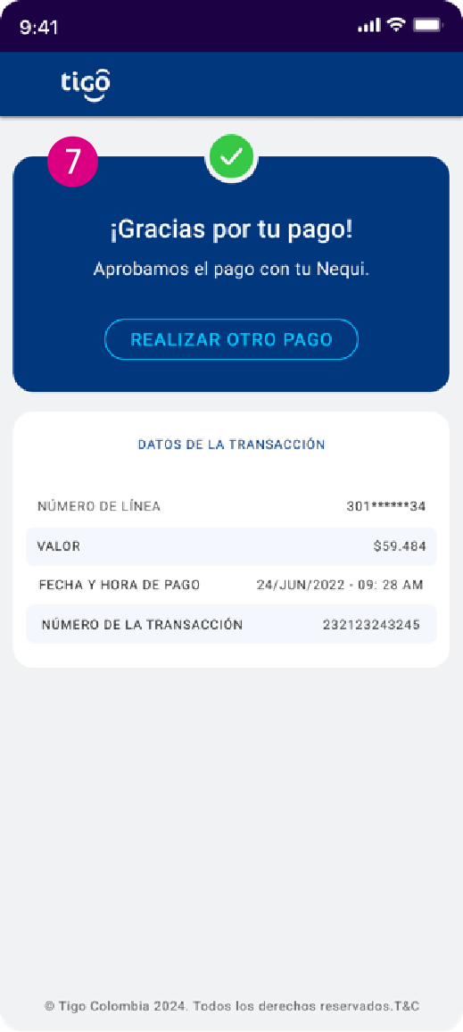Pantalla de confirmación de pago de la factura Tigo de la app Nequi