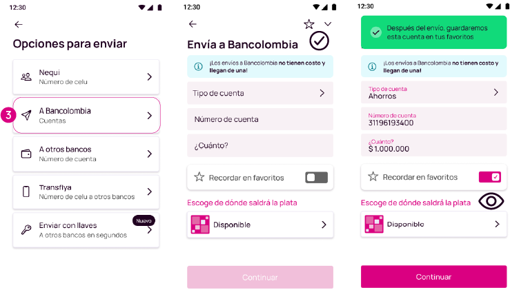 Pantallas con opción de enviar a Bancolombia de la app Nequi