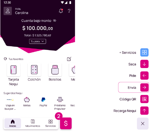 Pantalla con opción del signo pesos y Envía de la app Nequi