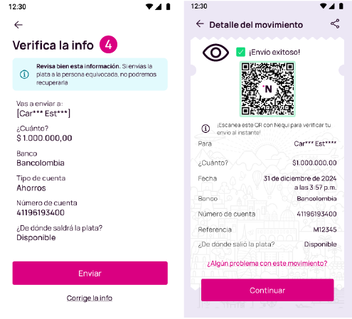 Pantalla de verificación y Detalle del movimiento en la app Nequi