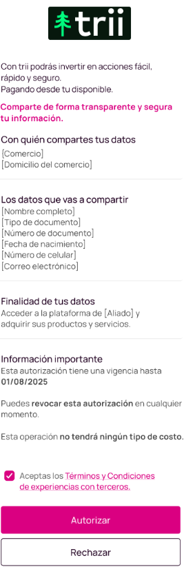 Pantalla Nequi para aceptar términos y condiciones trii