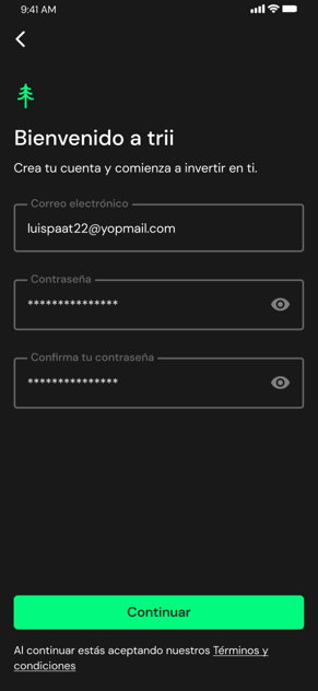 Pantalla trii para ingresar el correo electrónico y la clave