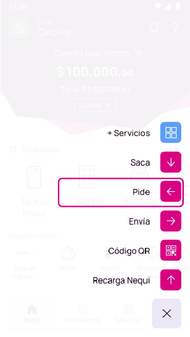 Pantalla de la opción pide en la app Nequi