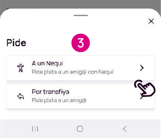 Pantalla de las opciones para pedir plata en la app Nequi, a un Nequi o por Transfiya