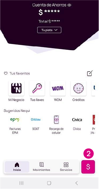 Pantalla de la opción $ en la app Nequi