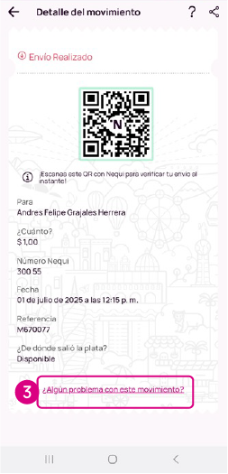 Pantalla del comprobante o del detalle del movimiento en la app Nequi