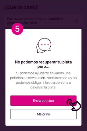 Pantalla de la app Nequi para enviar la petición por un movimiento errado
