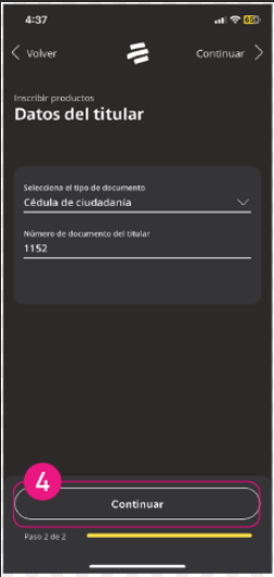 Pantalla de la app Bancolombia donde se ponen los datos del titular del Nequi a inscribir