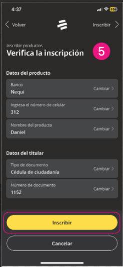Pantalla de confirmarción de  la inscripción del Nequi en la app Bancolombia