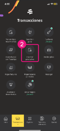 Pantalla de inscribir productos en la app Mi Bancolombia