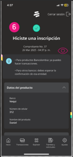 Pantalla del comprobante de inscripción de la app Bancolombia.